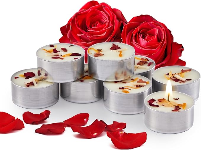 48 Pack Rose Scented Tealight Candles with Real Petals, Natural Soy Wax 6H Burn Time, Non-Toxic Smokeless Scented for Bath, Wedding, Decor