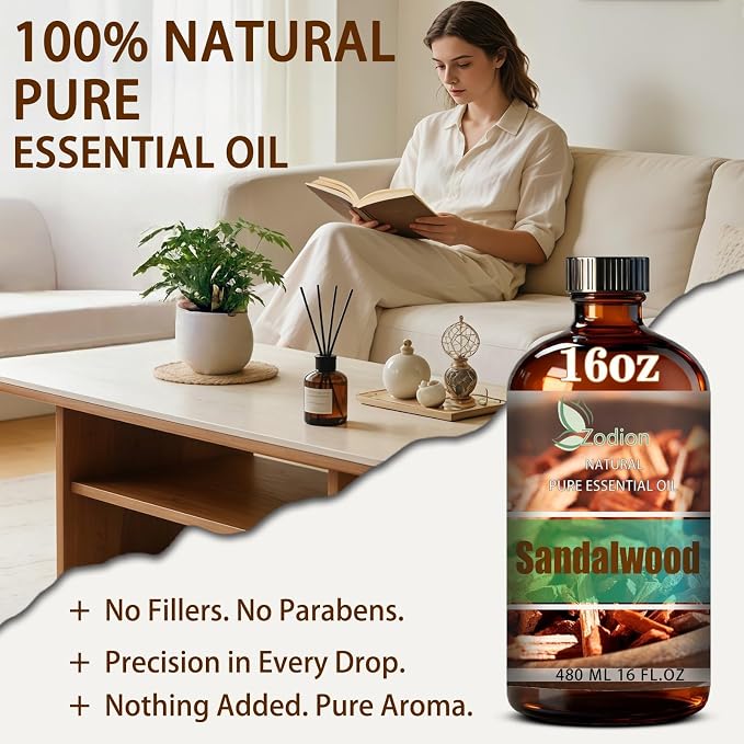 Sandalwood Essential Oil - Sandalwood Fragrance Oil for Diffuser, Massage, Humidifier, DIY Candle, Soap Making, Home, Bath, Yoga - 16 fl oz (480ml) - ZODION Essential Oils