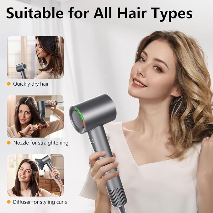 Hair Dryer - 1 Min Fast Drying, High-Speed Blow Dryer with 500 Million Negative Ions, No Heat Damage, Low Noise, Lightweight, Professional Hairdryer with Diffuser & Nozzle for Women, Gunmetal