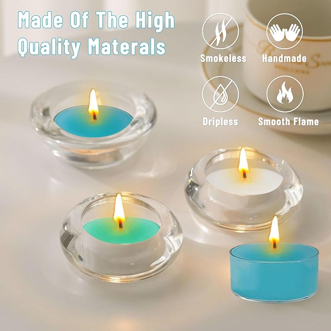 Scented Tea Light Candles 12 Pack Hand Poured 3 Color Smokeless 4 Hours Clean Burning Small Round Clear Cups Tealight Candles for Romantic Dinners Wedding Centerpieces Cozy Evenings