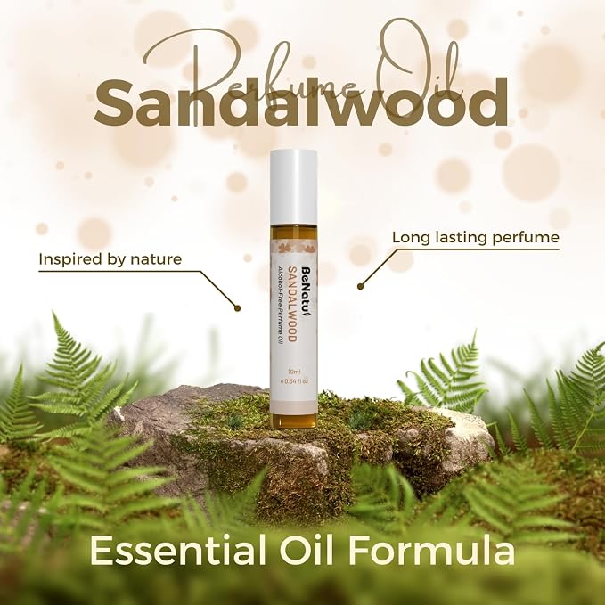 benatu Sandalwood Perfume Oil Roll On for Women and Men, Alcohol Free Eau de Parfum,Travel Size Essential Oil Body Fragrance, Long Lasting, Leather Woody Scent, 10 ml