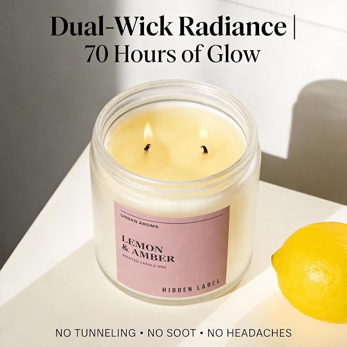 Hidden Label Lemon Amber Soy Candle, 12oz 2-Wick, 70H Bright Warmth | Non-Toxic Natural Wax, Paraben & Phthalate-Free, Clean Burn | Elegant Decor & Gift-Ready | Uplift & Relaxation