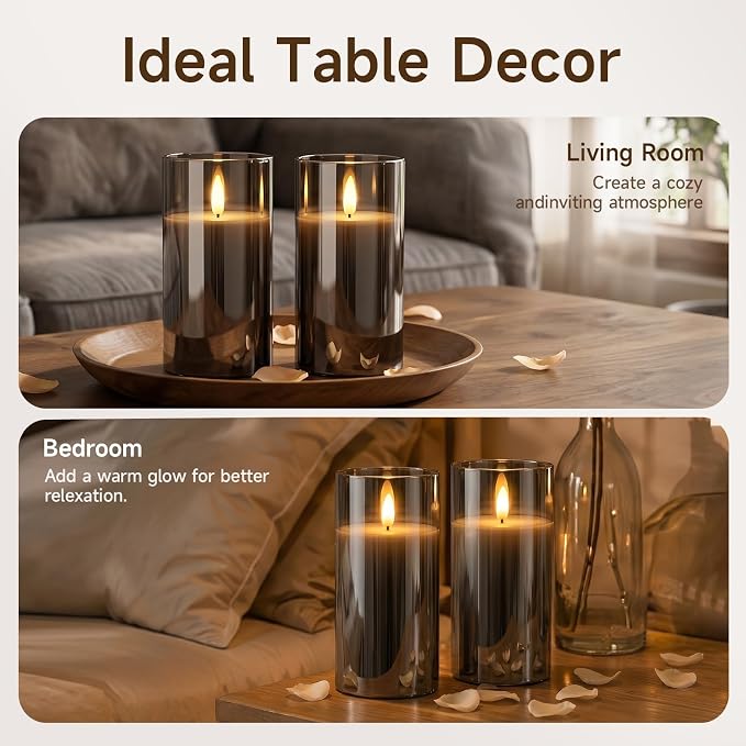 Homemory Grey Glass Flameless Candles Battery Operated LED Pillar Candles with Remote and Timer, Real Wax Flickering Candles with 3D Wick for Home Wedding Holiday Decor, Set of 2, 3"x6"
