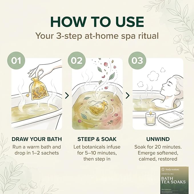 Body Restore Bath Tea Soaks Gift Set – Spa Gifts for Women, Mom, Wife & Self Care Lovers – Relaxing Botanical Bath Sachets for Stress Relief & Hydrated Skin – Essential Mix (3 Pack)