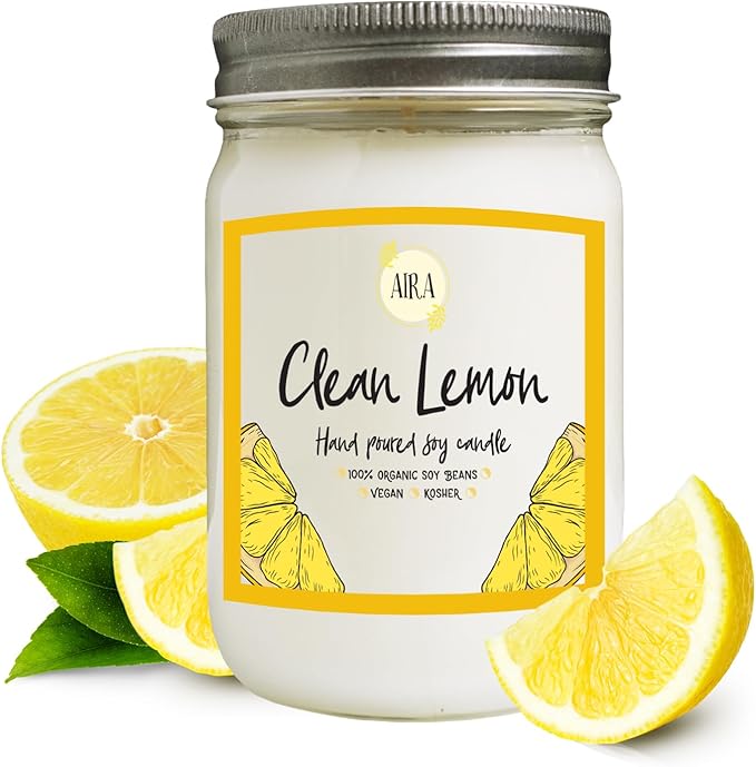 Aira Soy Candle – Clean Lemon – 12 oz Mason Jar – Hand-Poured USA – Long-Lasting Vegan Soy Wax Candle – Fresh Citrus Aromatherapy – Paraffin-Free, Kosher, Cruelty-Free