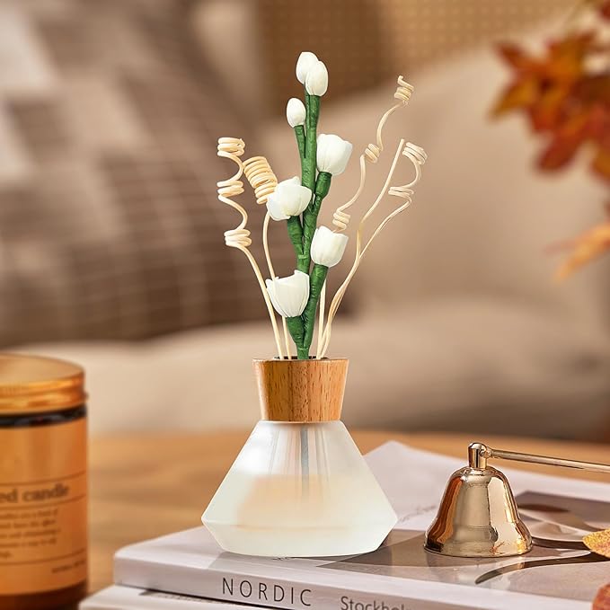 Reed Diffuser Sticks,Reed Diffuser Sticks Flowers,Reed Diffusers for Home,Bathroom Diffuser,Diffuser Set with Sticks,Natural Flower,White/Green