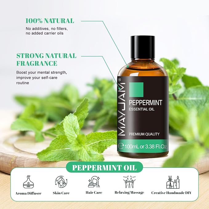 Peppermint Essential Oil, MAYJAM Premium Pure Essential Oils, 3.38FL.OZ Peppermint Oil for Diffusers Soap Candle Making, Ideal for Home Office Car Yoga Use