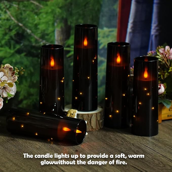 Sasigeiaa Flameless Candles with Embedded Star String - Battery Operated LED Candles, with Remote,12 Black Flickering Candles for Christmas, Weddings, Home Decor & Party,(D 2.3"×H 5" 6" 7")
