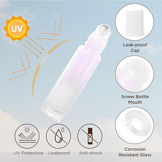SESENSE Essential Oil Roller Bottles, 10ml Thick Glass Perfume Roller Bottles with Funnel Opener and Dropper Colored Glass Empty Bottles with Stainless Steel Roller Balls (White, 12 Pack)