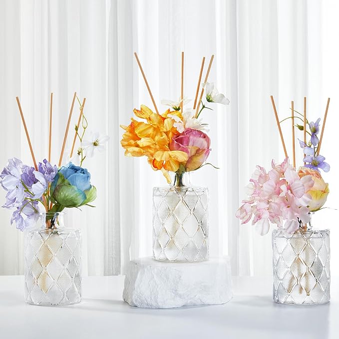 Amber Reéd diffuser, 6.7 oz Natural Essential Scented Oil, Pink Yellow and White Flowers Reéd Diffuser Sticks, Bathroom, Home & Office Decor, Preppy Room Decor, Amber Diffuser Oil Gift Set