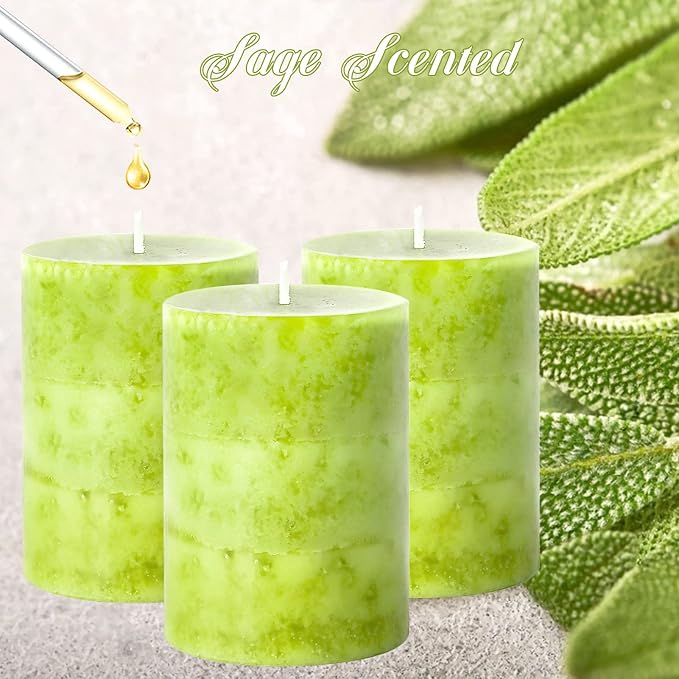 Green Pillar Candles Set of 3 Sage Scented Long Burning Candles 3x4 inch Aromatherapy Clean Burn Dripless Candle for Dinner Table,Weddings, Holidays Home Decorations
