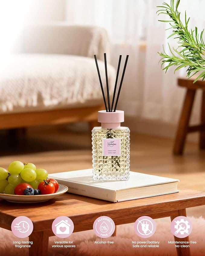 Reed Diffuser Set, Cashmere Vanilla Scented Home Fragrance Air Freshener for Bathroom Shelf Decor, 5.07 fl oz/150ml Essential Oil with Sticks