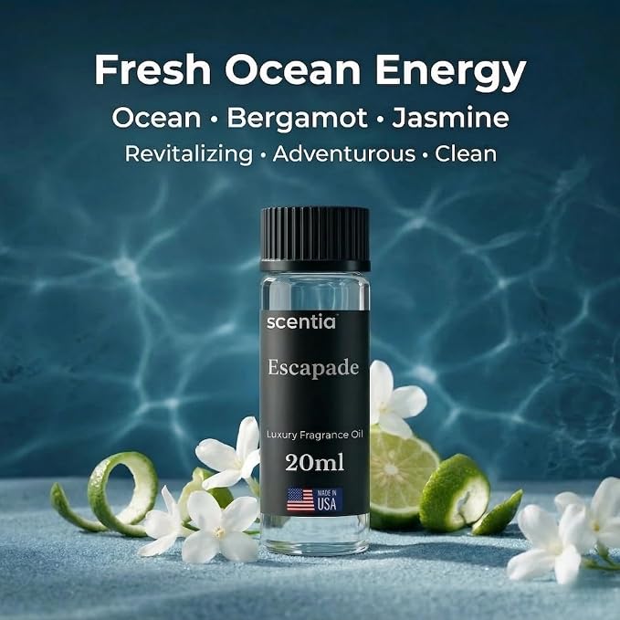 Scentia Escapade Aromatherapy Oil for Diffuser – Hotel Scent Inspired by 5-Star Resort – 20 mL – Jasmine, Bergamot & Marine Natural Fragrance Oil for Waterless & Cold Air Diffusers, Made in USA