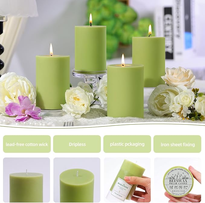 4 Pack Sage & White Tea Scented Pillar Candles-2.8x4 Inch Sage Green Soy Wax Candles-240 Hour Long Lasting Burning,Spring Aromatherapy, Non-Toxic & Smokeless for Home Decor, Dinner,Stress Relief&Gift