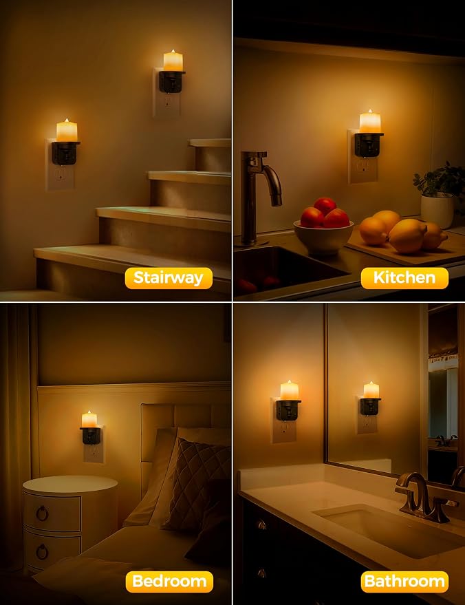 Briignite Flameless Candle Night Lights, Amber Plug-in 2 Pack, LED Candle with Light Sensor, 0-100LM Dimmable, Kids Hallway Bathroom Nightlight