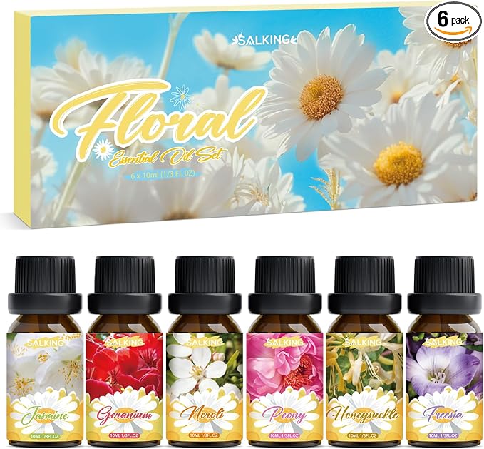 SALKING Essential Oils Gift Set, 100% Pure Fragrance Oil Aromatherapy Essential Oils Set,Premium Scented Oils for Oil Diffusers 6 x 10 ML - Jasmine, Neroli, Honeysuckle, Peony, Geranium, Freesia