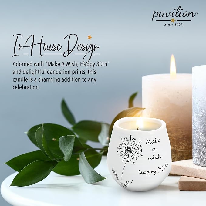 Pavilion Gift Company - 8 Oz Candle Holder - White Ceramic Candle Jar with 100% Soy Wax Candle Serenity Scent "Make a wish Happy 30th" Ideal Gift for Loved Ones - Printed Text, Love Theme & Oval Shape