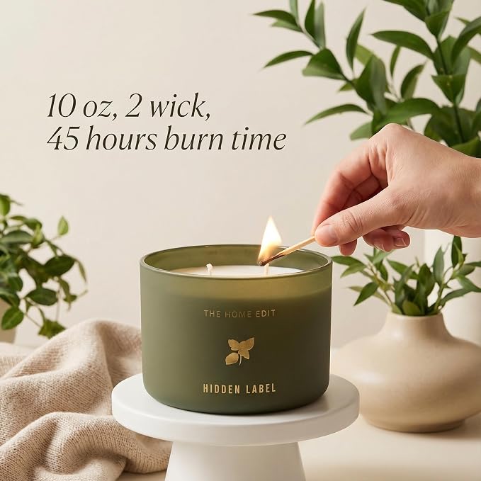 Hidden Label Basil Lime Mandarin Soy Candle, 10oz 2-Wick, 45H Kitchen Fresh | Herbal Citrus Aromatherapy | Non-Toxic Vegan Phthalate-Free | Even Melt No Tunneling | Sage Frosted Reusable Gift Jar