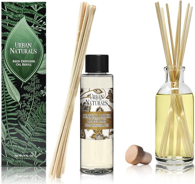 Urban Naturals Reed Diffuser Oil Refill, Sensual Amber Blossoms Fragrance Oil with Jasmine, Amber, Vanilla, 4 oz + Free Reed Sticks, Made in the USA