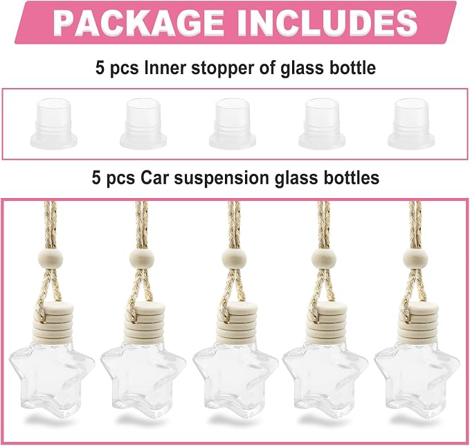 5 pcs Car Hanging Empty Glass Perfume Bottles Pendant Bottle, DIY Air Freshener Pendant, Empty Clear Glass Essential Diffuser Oil Aromatherapy, Glass Bottle Decor (Five-Pointed Star)