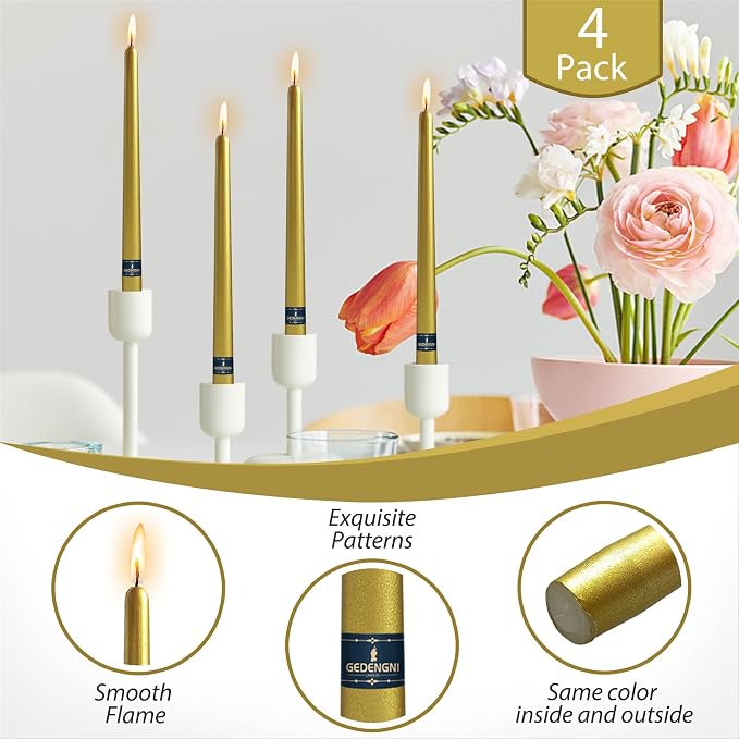 Taper Candle Gold Candlesticks,10 Inch Metallic Twisted Candles Long Candle Sticks Golden Tapered Candles for Table Decor Christmas Gift Idea