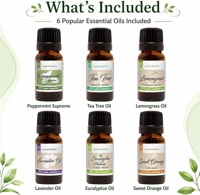 GreenHealth Top 6 Essential Oil Gift Set – 100% Pure Therapeutic Grade – Lavender, Tea Tree, Eucalyptus, Lemongrass, Sweet Orange, Peppermint – Aromatherapy & Diffuser Oils 6x10ml