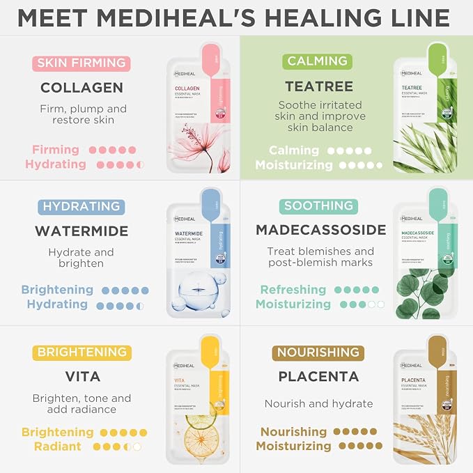 Mediheal Official Best Korean Sheet Mask - Tea Tree Essential Face Mask 4 Sheets Skin Soothing Treat Blemishes Sebum Control For All Skin Types