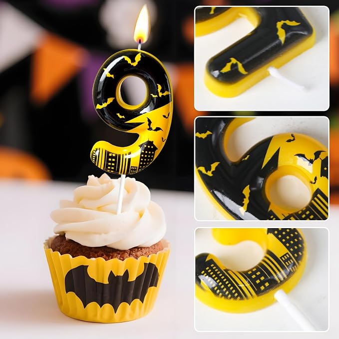 Black Yellow Number 9 Birthday Candle for Cake – Dark Night Hero Style with Bat & City Silhouette Design – Unique Cake Topper for Birthday, Anniversary, Themed Party Decoration