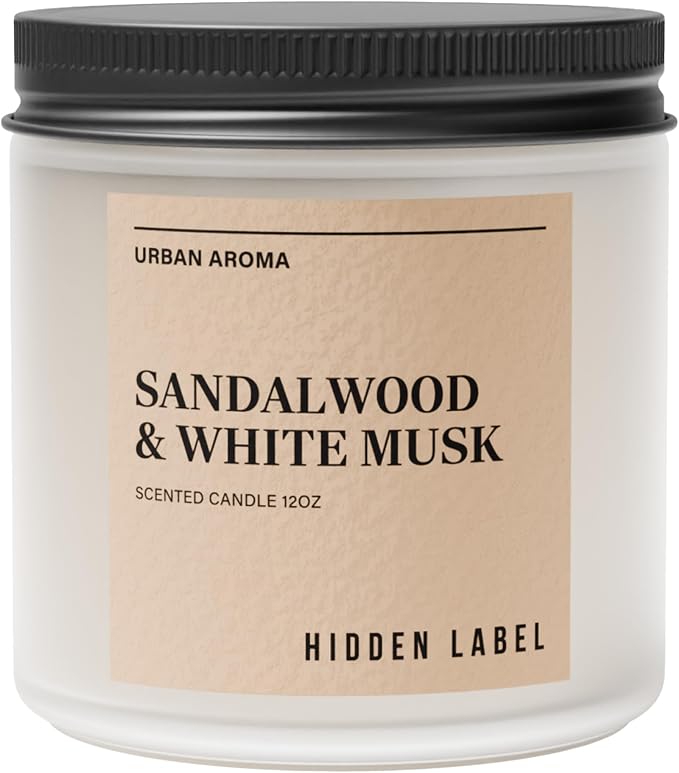 Hidden Label Sandalwood White Musk Soy Candle, 12oz 2-Wick, 70H Zen Calm | Non-Toxic Vegan Soy Wax | Sandalwood & White Musk Grounding Scent | Even Melt No Tunneling | Yoga Meditation Relaxation Gift