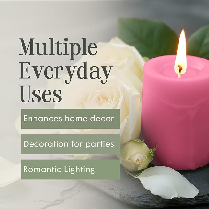 Mister Candle Dripless Unscented Pink Pillar Candles, Set of 3 Hand Poured Solid Color Non-Scented Candles for Home Decor, Premium Wax, 60 Hr Burn Time - 3x4 Inch, Pink