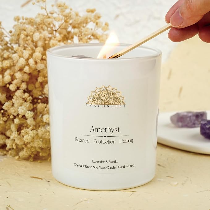 AvaConcept Amethyst Crystal Candle – 10oz / 280g | Lavender & Vanilla Aromatherapy | Hand-Poured Soy Wax | Genuine Healing Crystals Embedded | Balance, Protection & Healing | Pink Gift Box Included