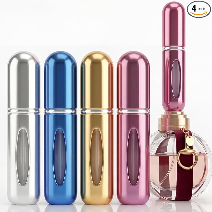 5ml Travel Perfume Bottle Refillable Atomizer Sprayer for Perfume,Leakproof Perfume Atomizer Travel, Portable Refillable Perfume Bottles (Blue, Pink, Gold, SIlver)