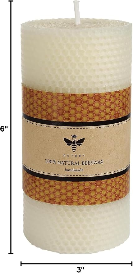 DEYBBY Natural White 3×6 in Beeswax Pillar Candle - Handmade Pure Organic Beeswax Honeycomb Rolled Candle for Home Study Decor Housewarming Gift
