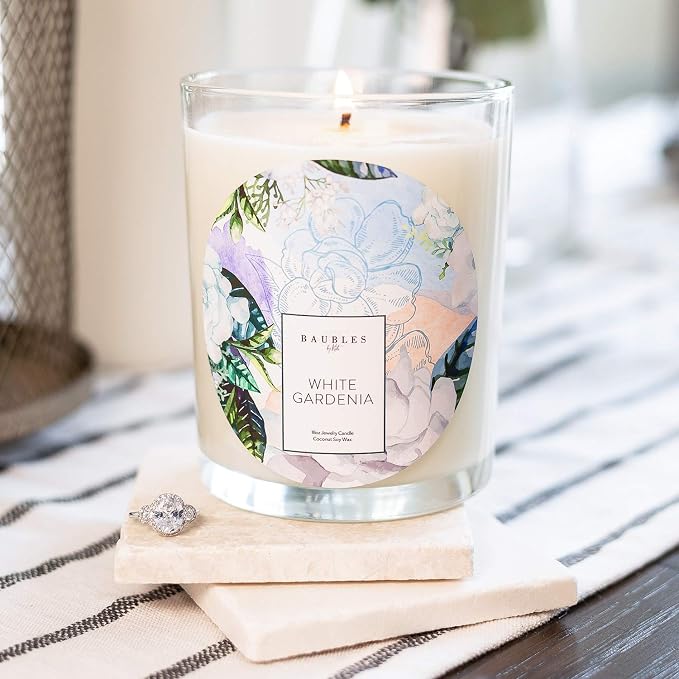 Kate Bissett Baubles White Gardenia Scented Premium Candle and Jewelry with Surprise Ring Inside | 18 oz Large Candle | Made in USA | Parrafin Free | Size 07