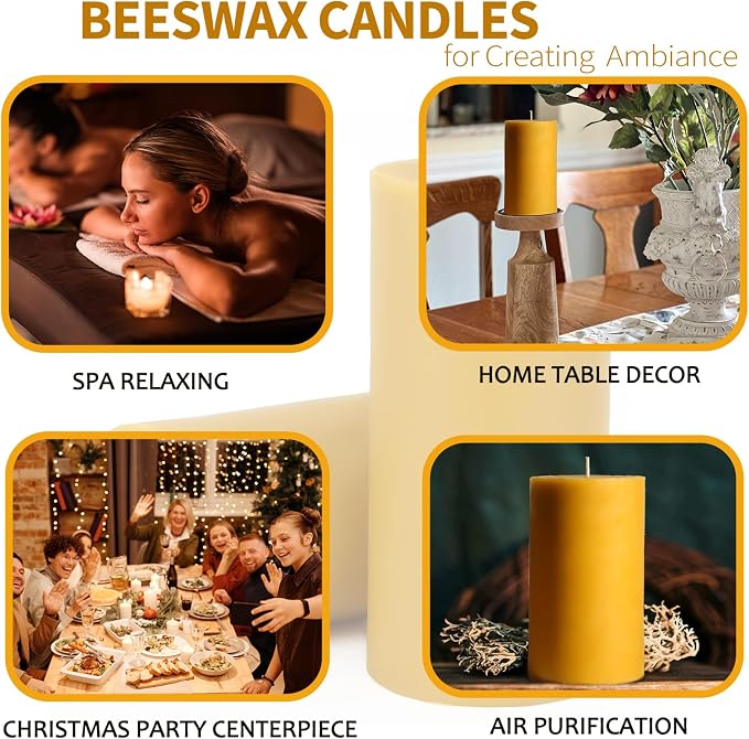 Beeswax Candles Pillar 2x4 Inch, 2 Packs, Non Toxic Bees Wax Candle for Home Decor, Natural Pure Pillar for Relax, Prayer, Air Purification, Emergency