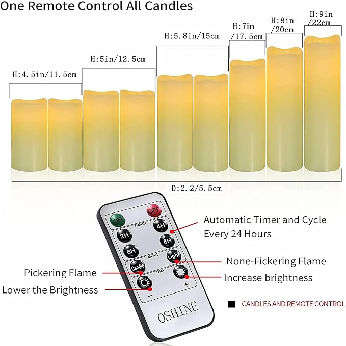 OSHINE Flameless Battery Operated Candle, LED - Set of 9 Flickering Pillar with 10-Key Remote & 24 Hours Timer, Ivory Real Wax Candles for Home Decor