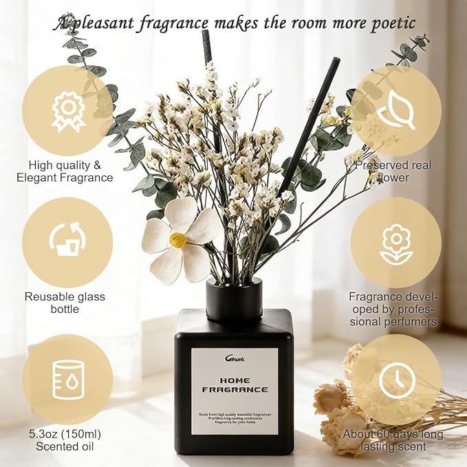 Reed Diffusers for Home, Natural Flower Reed Diffusers Set,150ml(5.3oz) Long Lasting Reed Fragrance for Bathroom, Home Fragrance Diffuser, Scent Diffusers, Scented Oils, Bathroom Décor，Air Fresheners