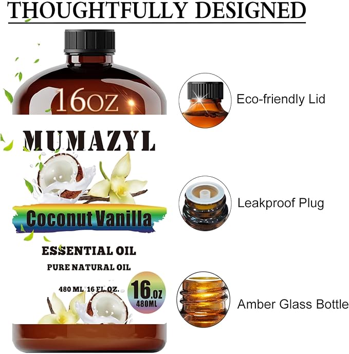 Coconut Vanilla Essential Oil, Coconut Vanilla Oil 16 Fl Oz 480ML for Diffuser Humidifier Yoga Cleaning DIY Candle Soap Making MUMAZYL Essential Oils