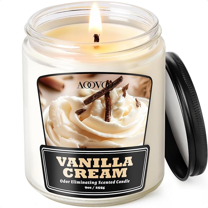 AOOVOO Vanilla Cream Odor Eliminating Candle - 9 oz Non Toxic Highly Fragranced Air Freshing Soy Candle, Eliminates 95% of Smoke, Pet, Food, and Other Smells Quickly, Up to 50 Hours Burn time