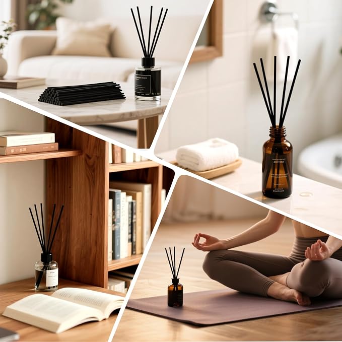 10-Inch Black Reed Diffuser Sticks - 200Pack Fiber Aromatherapy Reeds for Essential Oil, Home, Office and Spa - Diffuser Refills