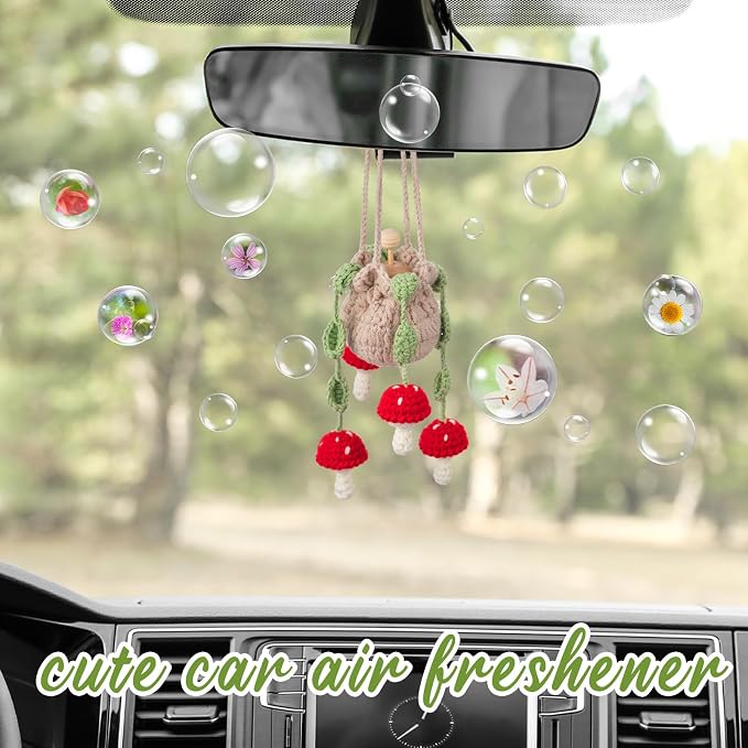 DaisyInner Cute Crochet Plant Car Freshener 12ml Empty Refillable Diffuser Bottle with Plants Hanging Accessories for Ornaments Charms Rearview Mirror Home Office Decor Women Gifts(Mushroom)