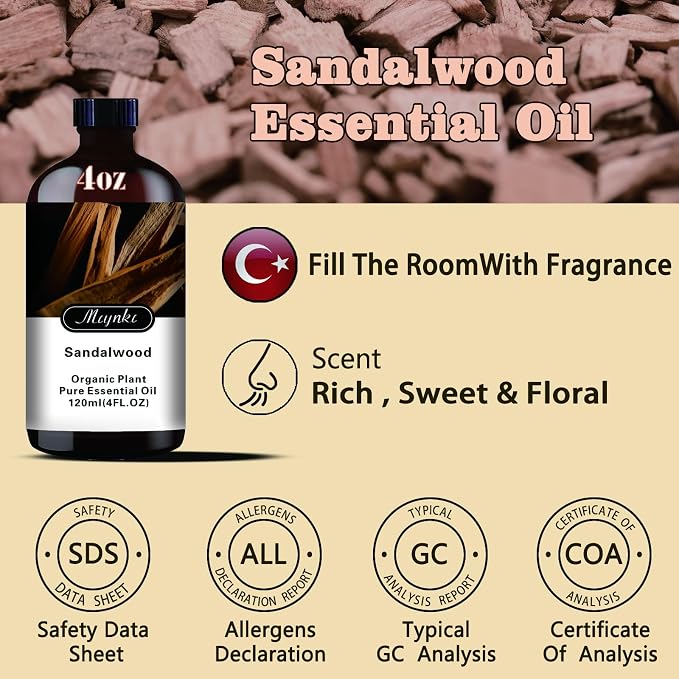 Sandalwood Essential Oil, Sandalwood Oil for Meditation, Yoga, Diffuser, Massage, Skin Care, DIY Soap, Candle, Gift Ready, Sandalwood Fragrance Oil - MLYNKL Essential Oils (4.33 fl oz / 130ml)
