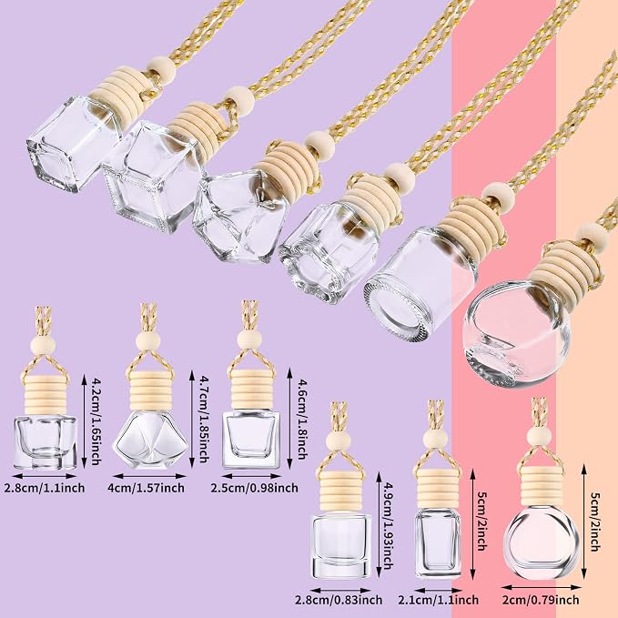Patelai 12 Pcs 8ml Hanging Car Air Freshener Diffuser Bottle Empty Clear Glass Essential Perfume Oil Aromatherapy Fragrance Perfume Pendant Glass Bottle Decor with Wooden Caps(Assorted Style)