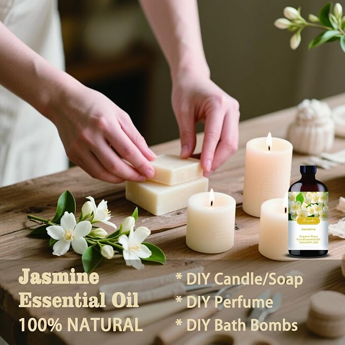 Jasmine Essential Oil, Jasmine Oil for Romance, Diffuser, Humidifier, Massage, DIY Candle, Soap, Skin Care, Yoga, Gift Ready,Jasmine Fragrance Oil - Essential Oils MLYNKL (4.33 fl oz / 130ml)