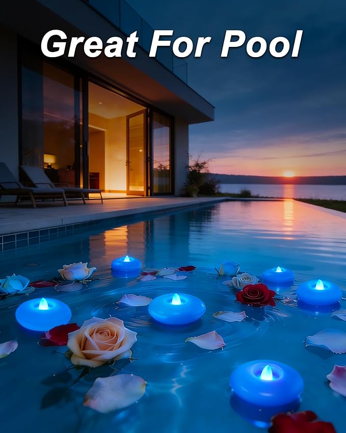 Homemory 12 Pack 3” Flameless Led Floating Candles, 200 Hour Blue Battery Operate Waterproof Tealights for Cylinder Vases, Centerpieces at Wedding Decor, Party, Pool