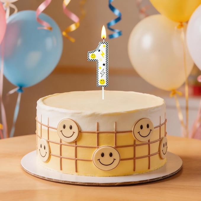 Number 1 Birthday Candle for Cake – 2.7 Inch Large Size Black White Checkered Smiley Design with Lightning & Star – One Happy Dude Theme Cake Topper Decoration