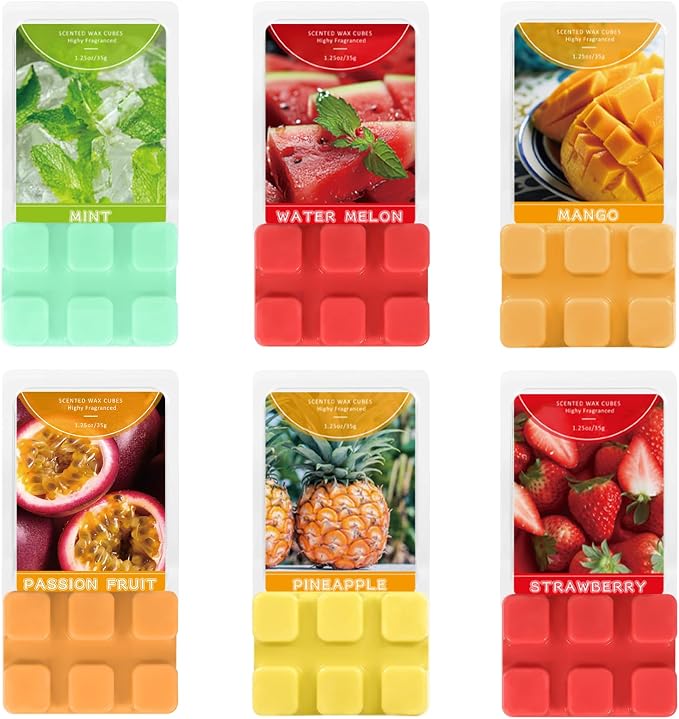 STRN Wax Melts, Soy Wax Cubes 6 Scents Mint, Watermelon, Mango, Passion Fruit, Pineapple & Strawberry, Summer Fruit Scented Long-Lasting Home Fragrance for Wax Warmers, Yoga, 1.25 OZ * 6 Packs