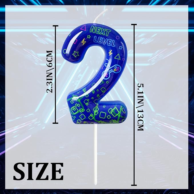 Number 2 Birthday Candle for Cake – Blue Gaming Theme Number Candle with “Next Level” Design, Video Game Style Cake Topper for Anniversary & Celebration