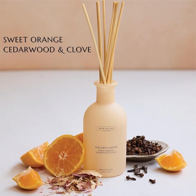 Benevolence LA Reed Diffuser - Orange, Cedarwood & Clove | Home Fragrance Diffuser for Home & Bathroom | Long-Lasting Scent Sticks - Malibu Sands Collection