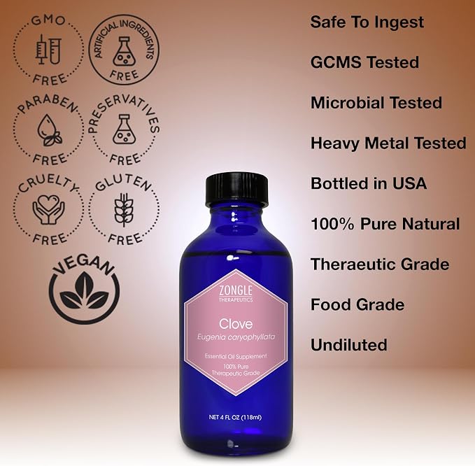 Clove Oil, Food Grade – 100% Pure, Clove, Bud, Essential, Oil, by Zongle Therapeutics, 4 OZ
